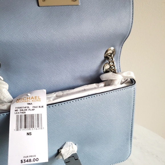 NEW • Michael Kors Tina Pale Blue💎 Chain Stud Perforated Floral Shoulder Bag - Picture 2 of 10